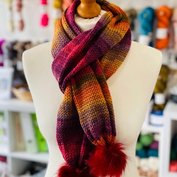 Handmade, Knit, Knitted Tube Scarf, Double Layer with Pom Poms, Womens' Gift