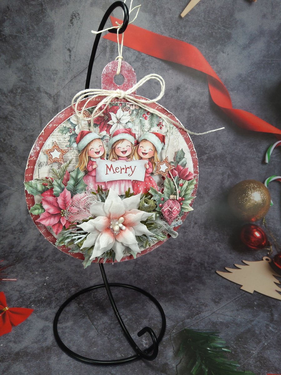 Handmade Christmas Hanging Decoration (1a) - Merry Bauble with Festive Scene 