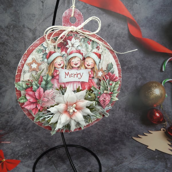Handmade Christmas Hanging Decoration (1a) - Merry Bauble with Festive Scene 