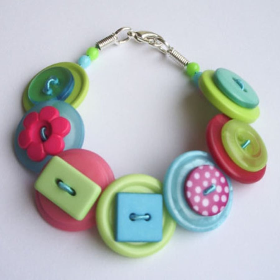 Lime green, pink, turquoise and aqua button bracelet