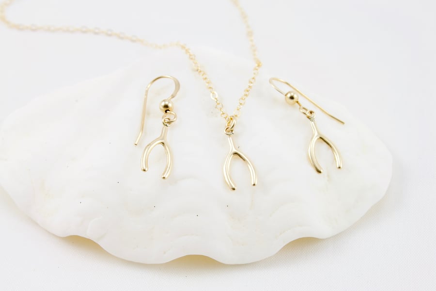 Gold Filled Wishbone Charm Pendant and Earrings Set