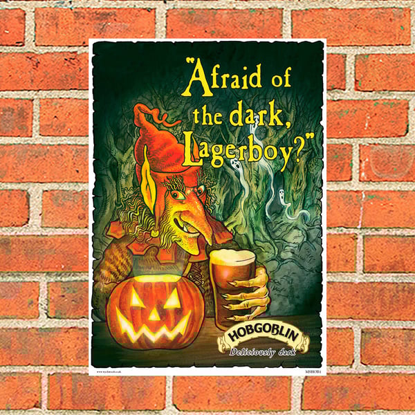 Hobgoblin 'Afraid of the dark' vintage advertising metal sign. Mancave or Bar
