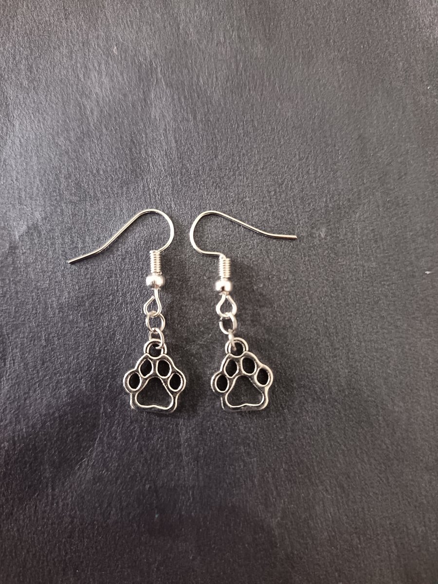 Silver paw charm dangle earrings