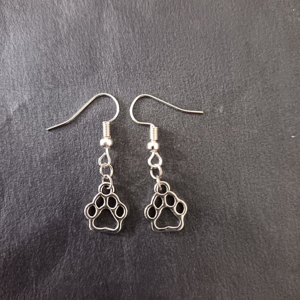 Silver paw charm dangle earrings