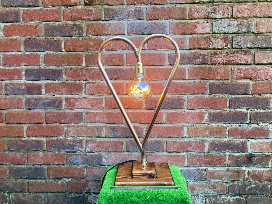 Love Heart Copper Table Lamp with Script Bulb, made from Upcycled Water Pipe