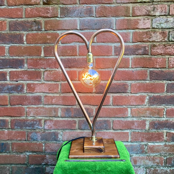 Love Heart Copper Table Lamp with Script Bulb, made from Upcycled Water Pipe