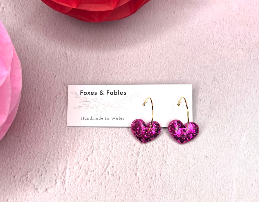 Valentine’s Day Pink Sparkly Heart Hoop Earrings 