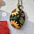 Sunflower Embroidery necklace, Hand embroidered, fall autumn, antique bronze 