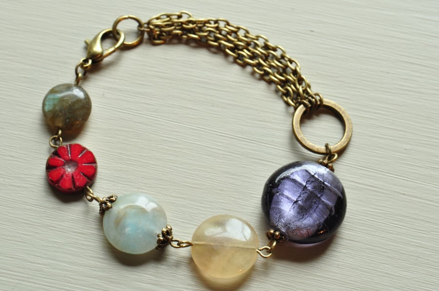 Flourite, Amazonite, Red Czech, Labradorite & Chain Bracelet