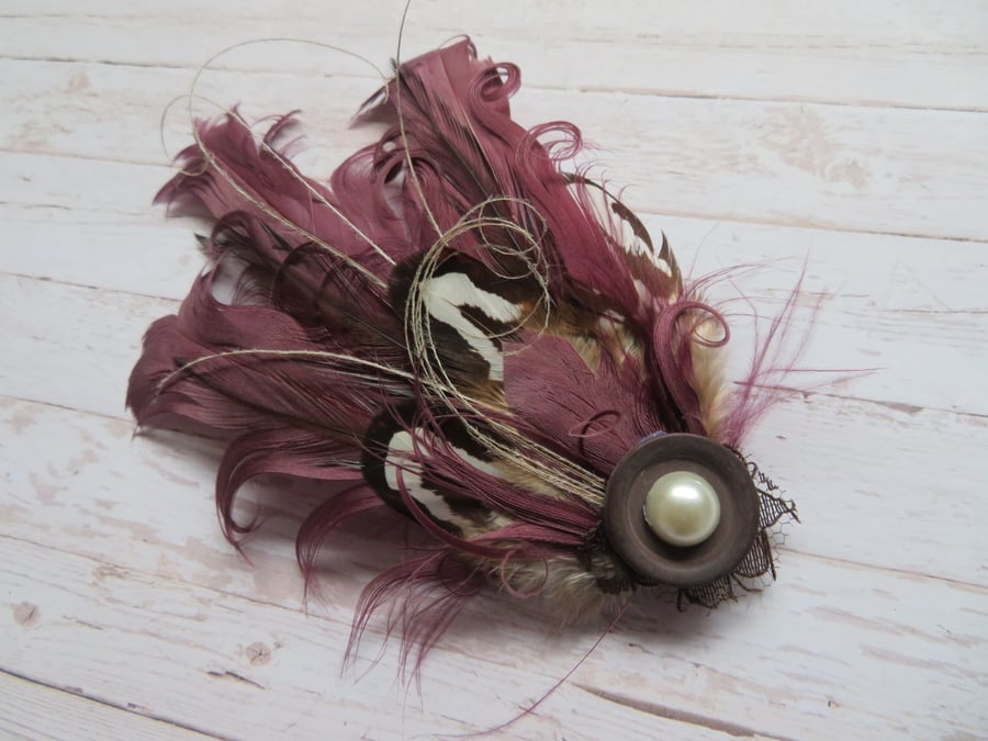 Plum Brown & Cream Rustic Feather Vintage Style Hair or Hat Clip Christmas