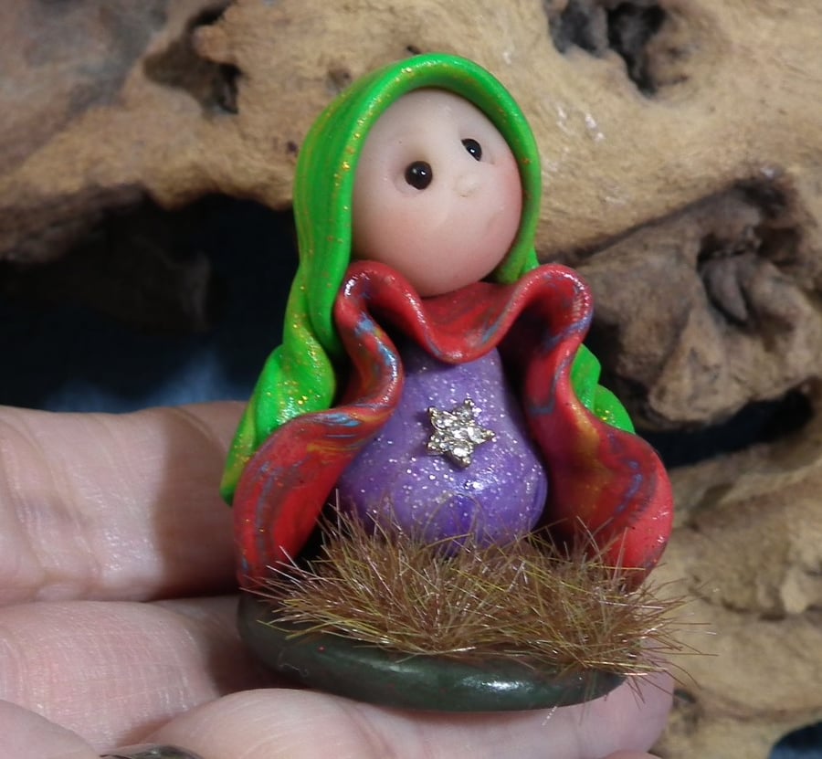 Tiny Meadow Gnome on grassy tableau OOAK Sculpt by Ann Galvin