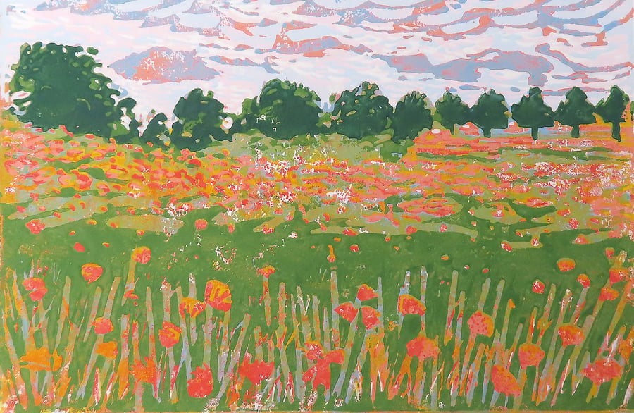 Poppies, Summer Landscape - Original Linocut Print Hand Pressed Ltd Edition
