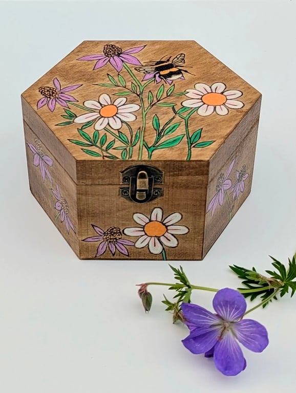 Pyrography bee and flowers wooden box, jewellery, trinket or keepsake box