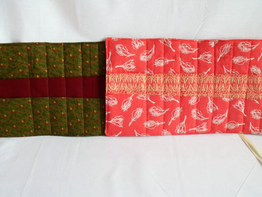 quilted crochet hook storage tool roll, peach sprig fabric