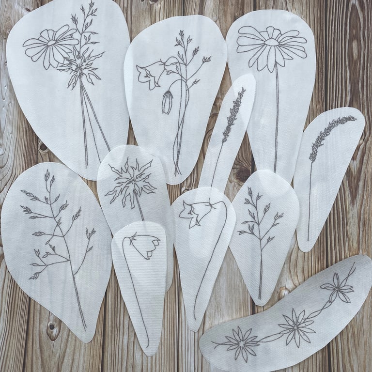 Meadow flower stick and stitch embroidery designs. Wash away flower patterns. 