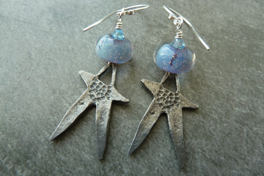 sterling silver, lampwork glass and pewter star earrings