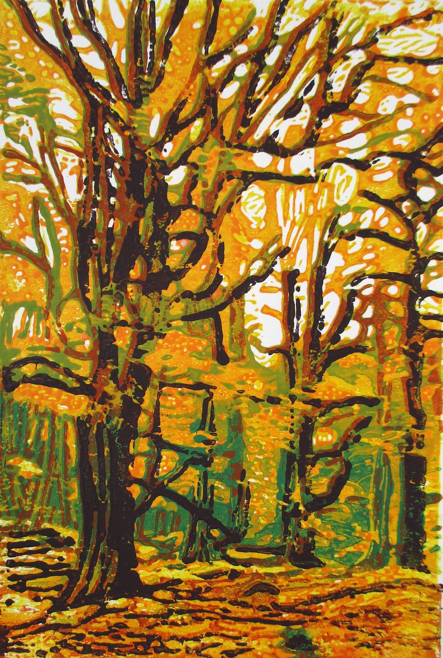 Biddulph Autumn Woodland - Original Hand Pressed Linocut Print Ltd Edition