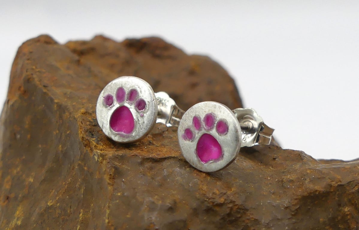 Recycled Sterling Silver Pawprint Stud Earrings with a Pink Patina.