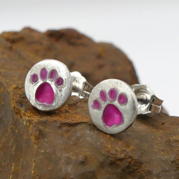 Recycled Sterling Silver Pawprint Stud Earrings with a Pink Patina.