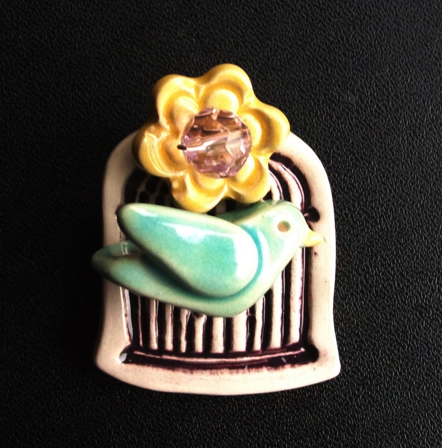 little ceramic bird cage brooch with flower but... - Folksy