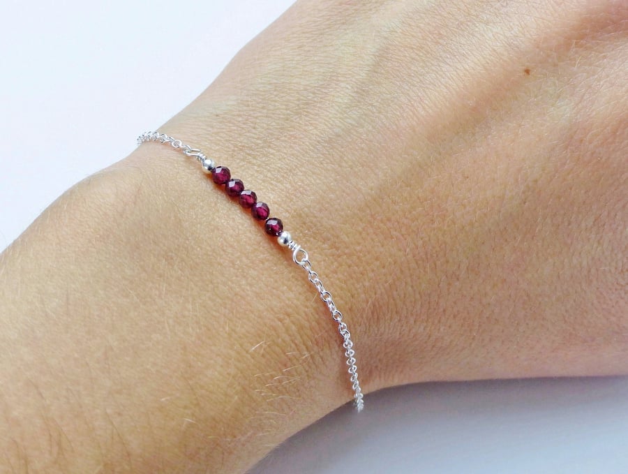 Dainty Garnet bar sterling silver bracelet, January birthstone gift