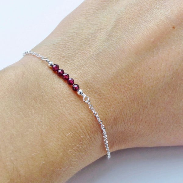 Dainty Garnet bar sterling silver bracelet, January birthstone gift