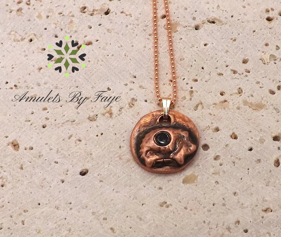 Recycled Copper Hedgehog on Round Pendant Necklace with Iolite Gemstone.