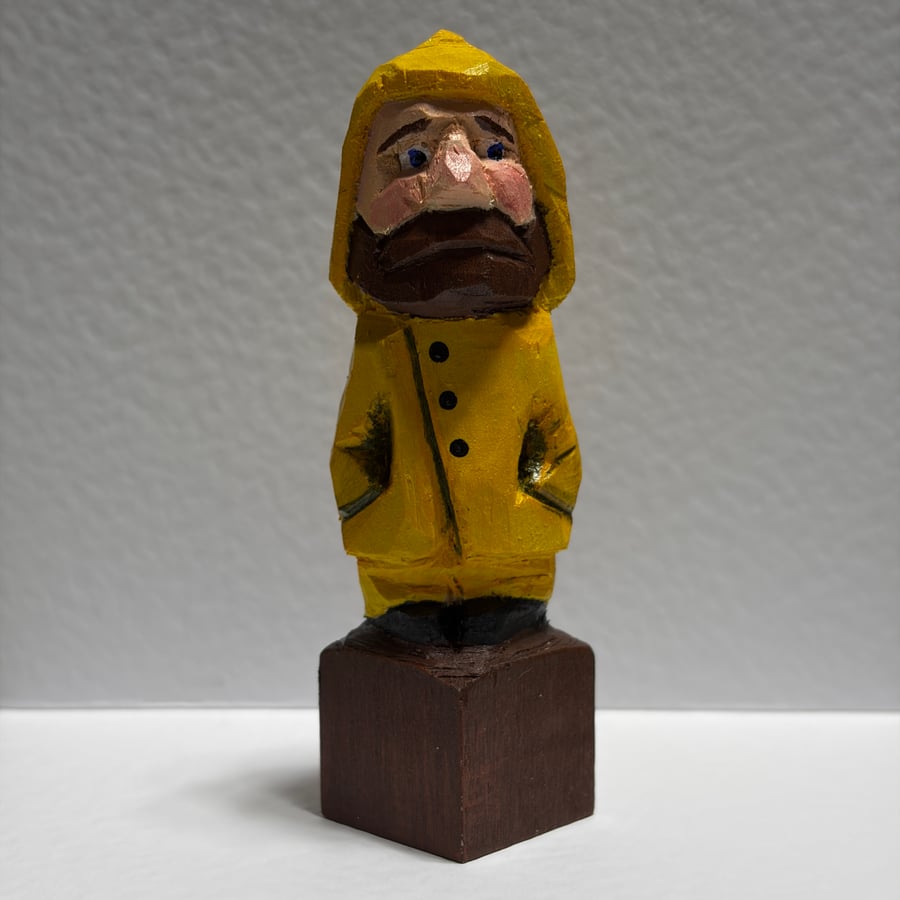 Mini Hand Carved Wooden Fisherman Sculpture – One of a Kind Folk Art Figure