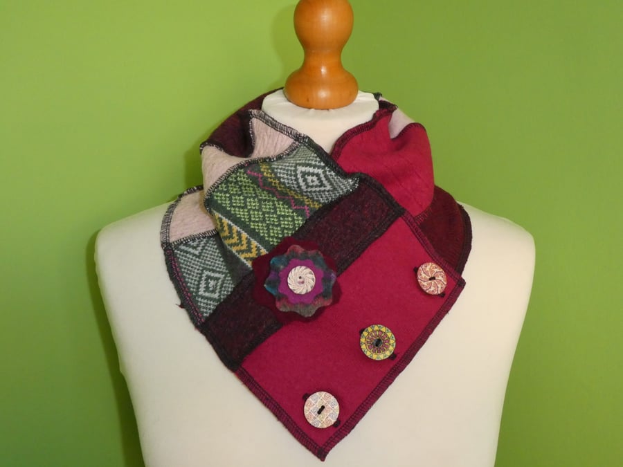 Neck Warmer Scarf with 3 button Trim. Upcycled Cowl. Felt Flower .No 7