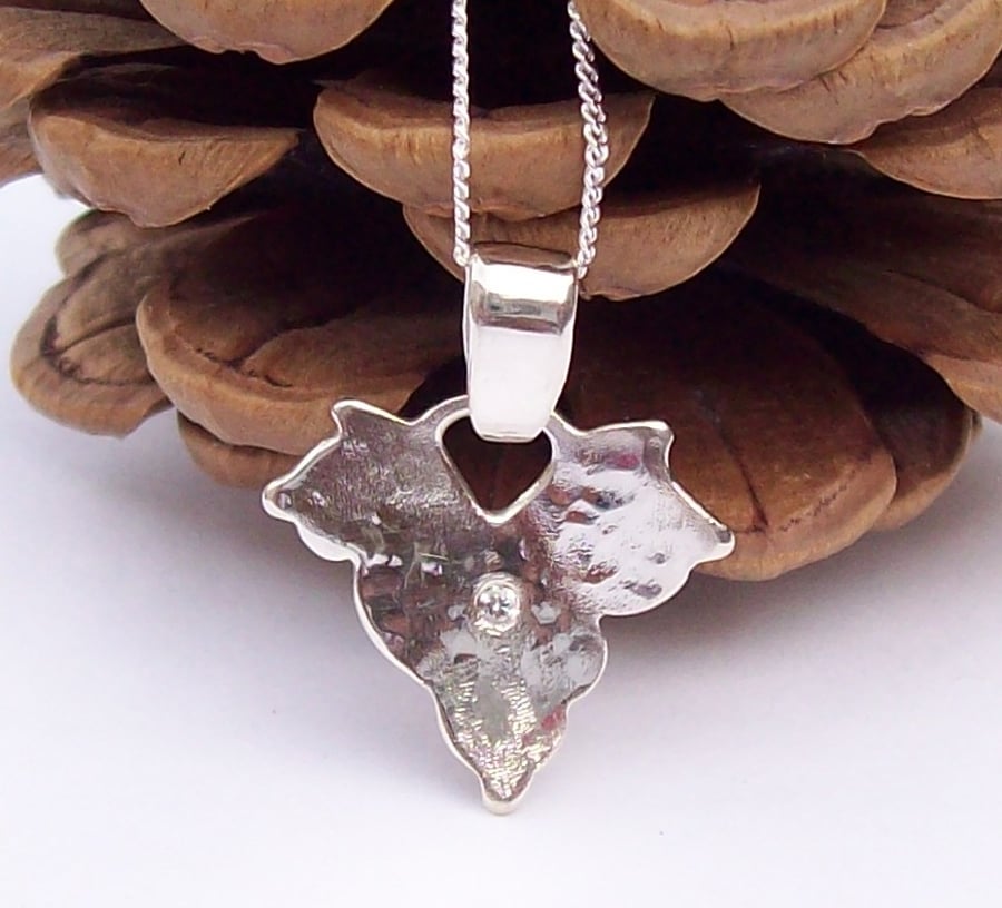 Frosted Ivy Leaf Necklace , Sterling Silver 925 with set Cubic Zirconia 