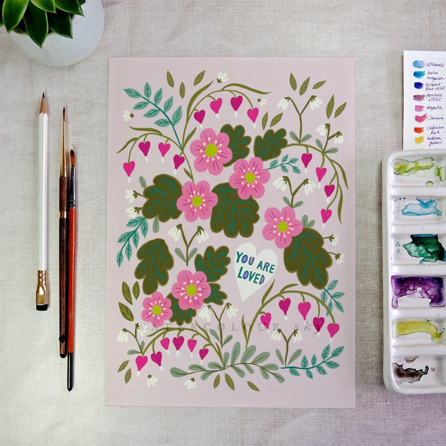 Image of Floral Art Print - You Are Loved (Pink) 