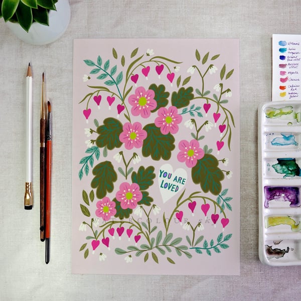Floral Art Print - You Are Loved (Pink) 
