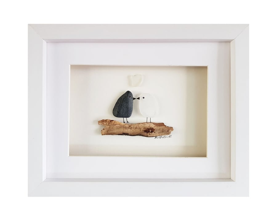 Love Birds - Pebble Picture - Framed Unique Handmade Art