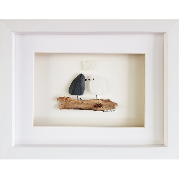Love Birds - Pebble Picture - Framed Unique Handmade Art