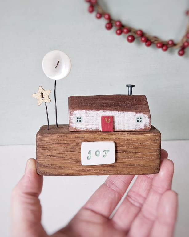Little Wooden Christmas Cottage with Pearl Moon & Star 'Joy'