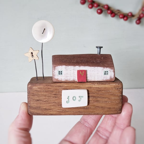 Little Wooden Christmas Cottage with Pearl Moon & Star 'Joy'