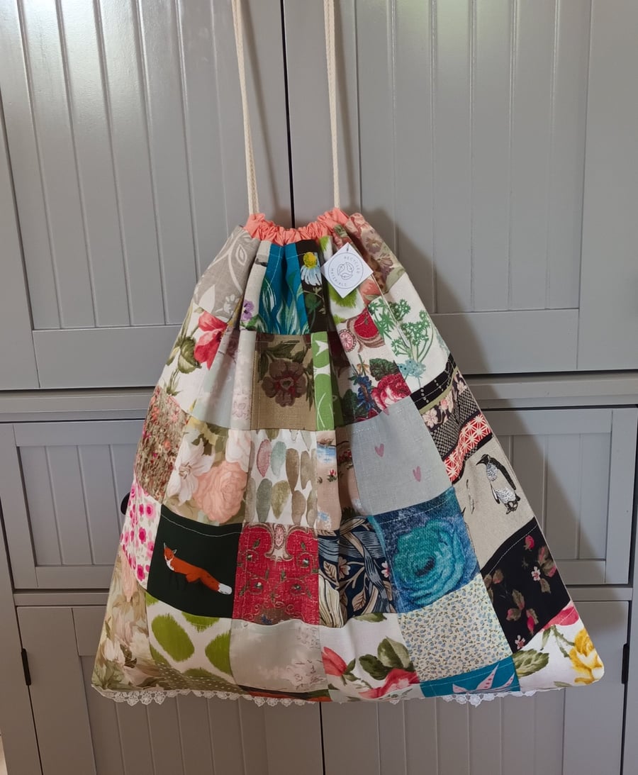 Large Lined Drawstring Bag in Reclaimed Fabrics – One-of-a-Kind Design