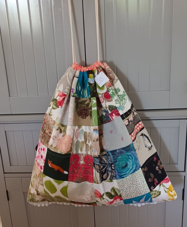 Large Lined Drawstring Bag in Reclaimed Fabrics – One-of-a-Kind Design