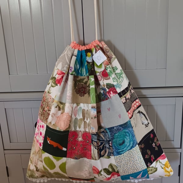 Large Lined Drawstring Bag in Reclaimed Fabrics – One-of-a-Kind Design