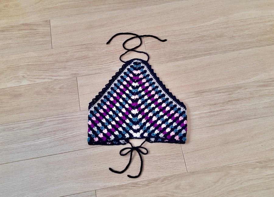 Granny spike stitch handmade halter top. U.K size 10. Black, beige and pink.