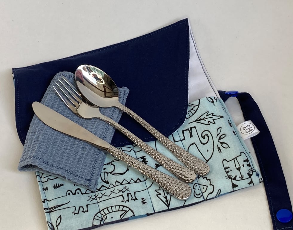 Travel cutlery roll with cutlery, for adults or children. Blue camo design