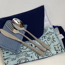 Travel cutlery roll with cutlery, for adults or children. Blue camo design