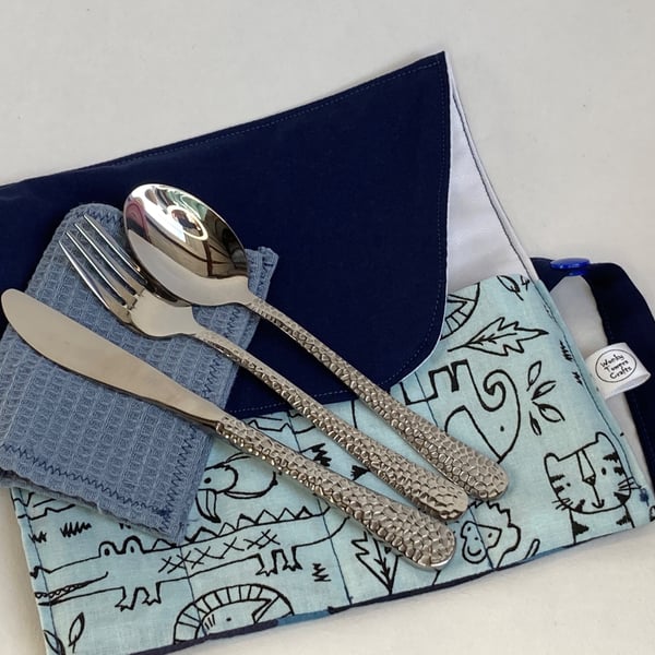 Travel cutlery roll with cutlery, for adults or children. Blue camo design