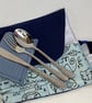 Travel cutlery roll with cutlery, for adults or children. Blue camo design