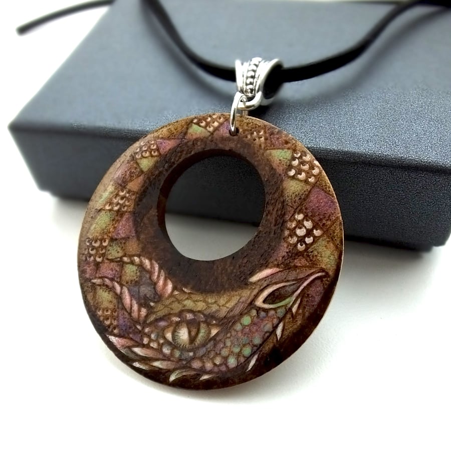 Dark rainbow dragon necklace. Wooden pyrography dragon pendant.