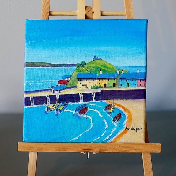 Tenby Harbour, Pembrrokeshire, Acrylic Painting, on 20 x 20 cm Stretched Canvas