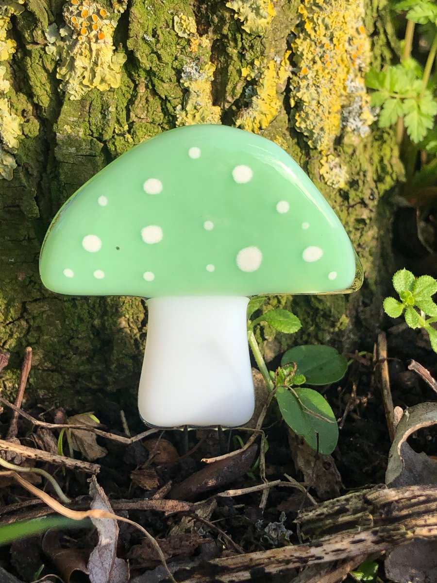Pastel Green glass mushroom decoration fairy  house garden or plant pot stake 