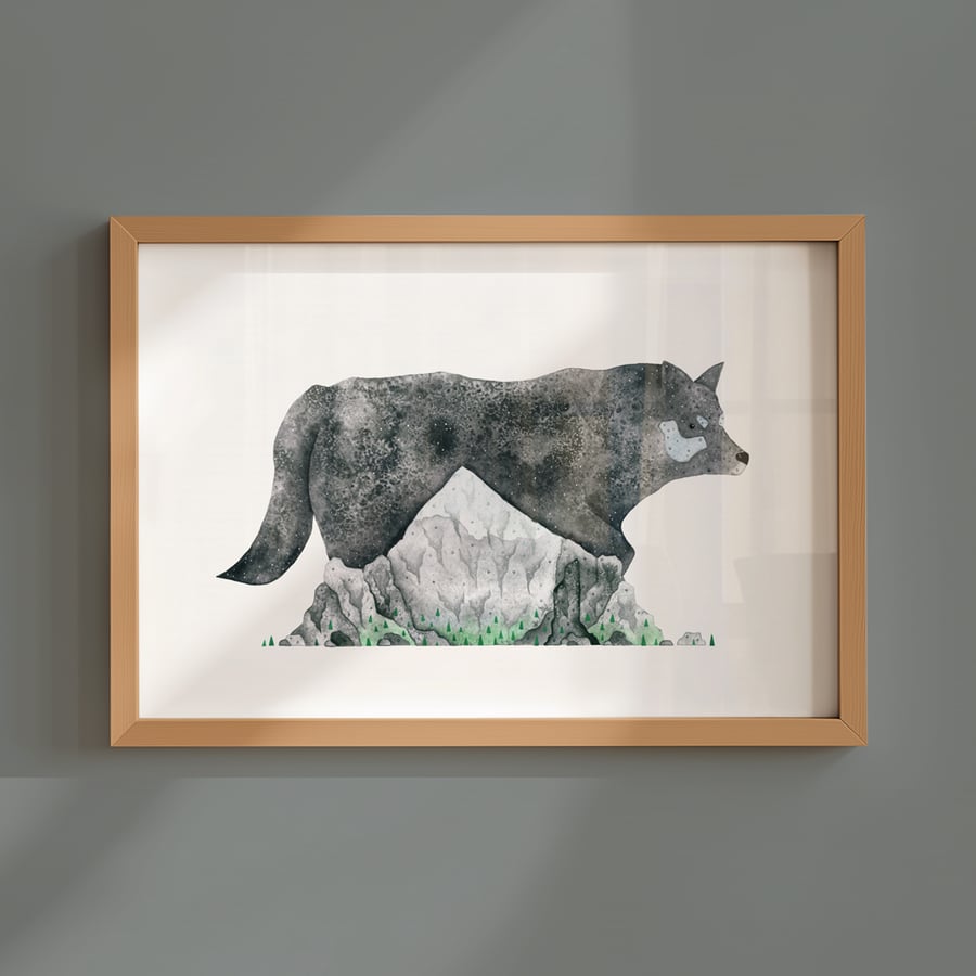 Wolf and mountain, awesome animals, giclée A3 art print