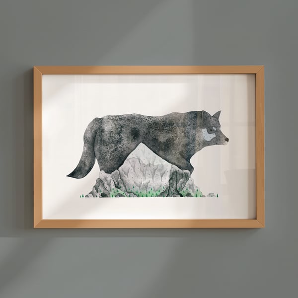 Wolf and mountain, awesome animals, giclée A3 art print