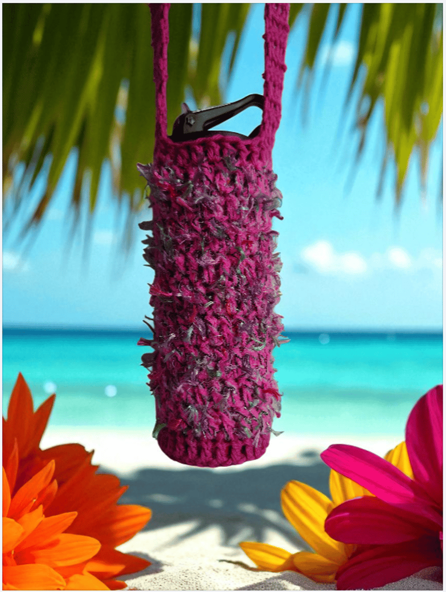 Hand Crochet Water Bottle Holder Crossbody Water Bottle Carrier Hot Pink Fashion